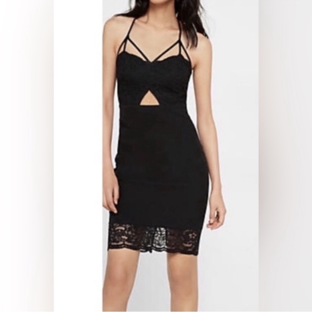 Y2K Express Strappy Black Lace Cutout Bodycon Dress 0